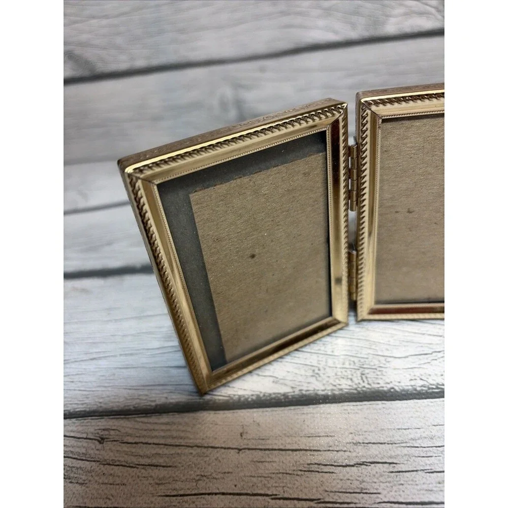 Vintage MCM Tri-Fold Brass Gold Color Hinged Photo Frame 2
